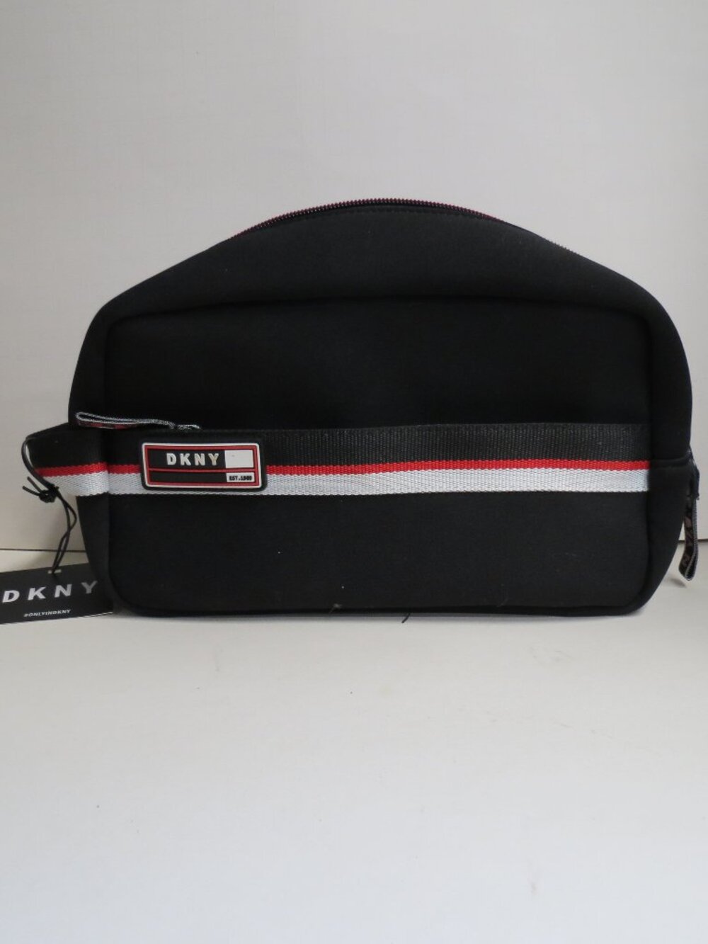 DKNY UNISEX Black Bag Logo Cosmetics Toiletry Makeup Travel Red Lined Dopp